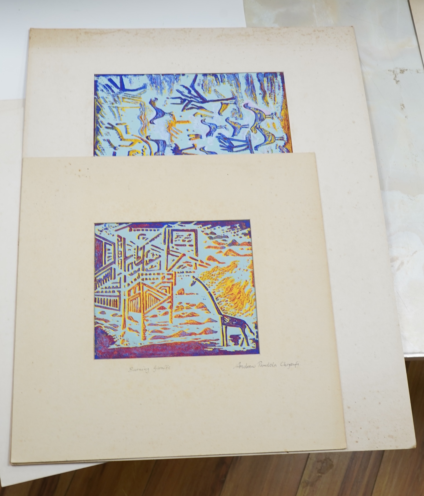 Andrew Chrysafi (b.1938), Abstract compositions to include ‘Burning Giraffe’, a collection linocuts, most signed, mounted, unframed, largest 31 x 32cm